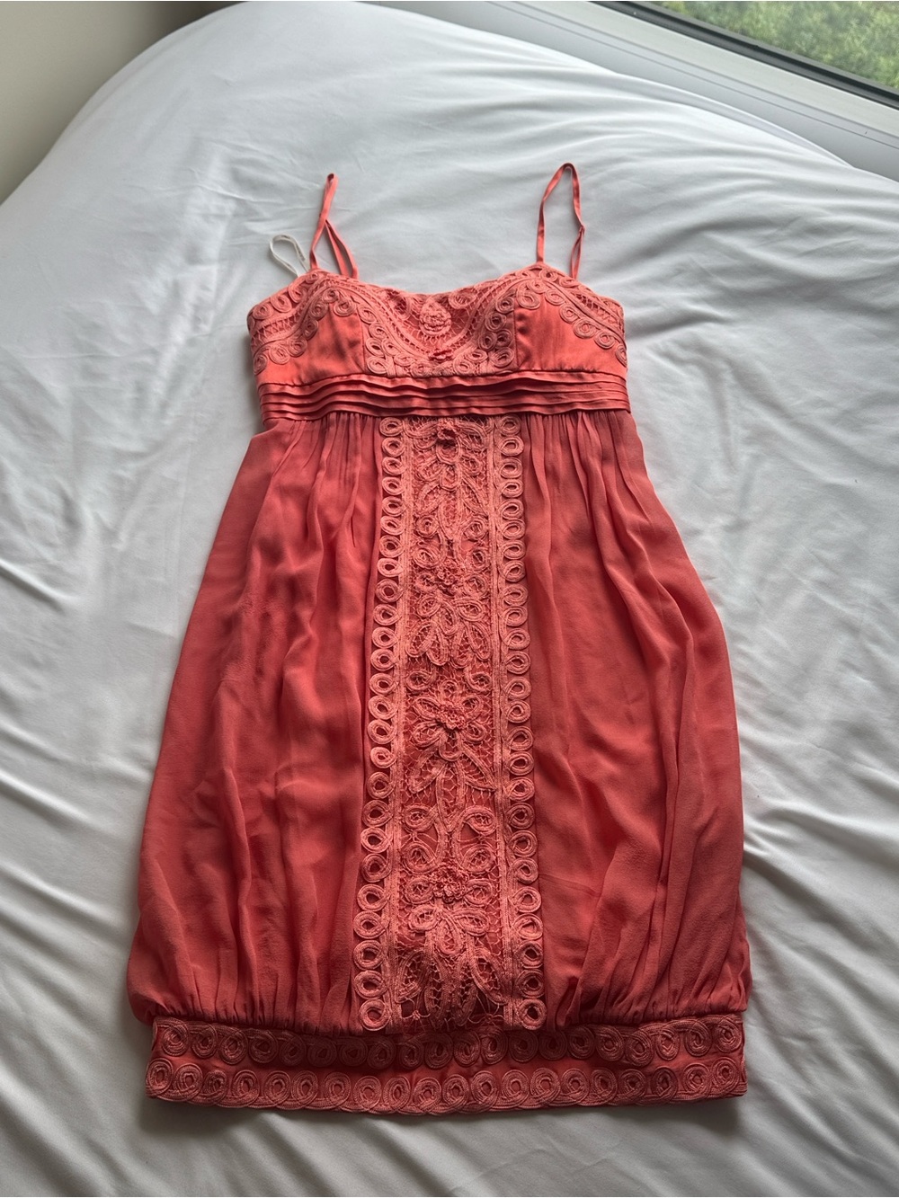 Sue Wong Coral Lace-Trim Spaghetti Strap Dress